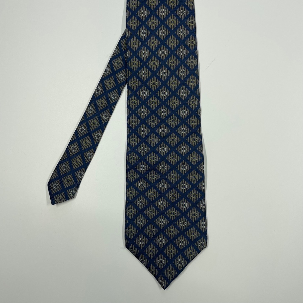 Calvin Klein Blue Gold Geometric Diamond Silk Necktie Mens One Size